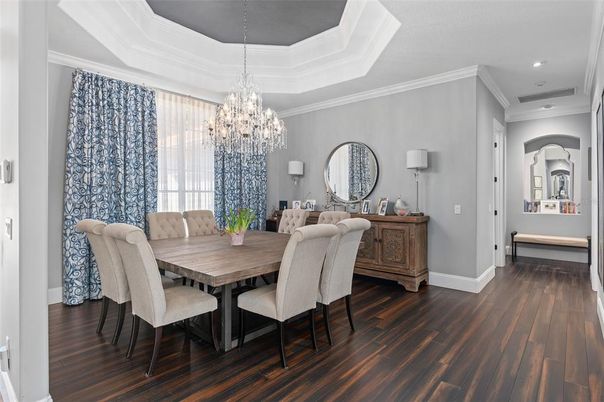 Chandelier, Dining room, Interior, Recessed Lighting, Wood Texture Flooring