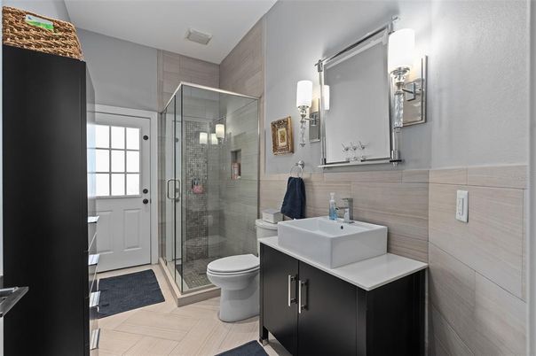 Bathroom, Glass Shower, Interior, Wood Texture Flooring