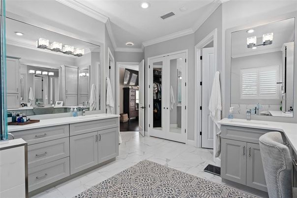 Bathroom, Dual Sink Vanities, Interior, Marble, Recessed Lighting