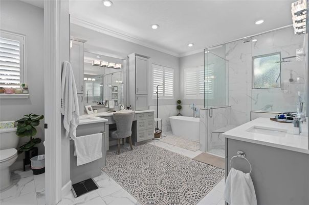 Bathroom, Dual Sink Vanities, Free Standing Baths, Glass Shower, Interior, Marble, Marble Walls, Recessed Lighting