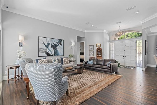 Chandelier, Interior, Living room, Recessed Lighting, Wood Texture Flooring