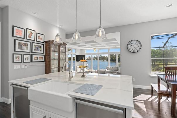 Dining room, Glass Ceilings, Interior, Kitchen, Pendant Lights, Recessed Lighting, Water, Wood Texture Flooring