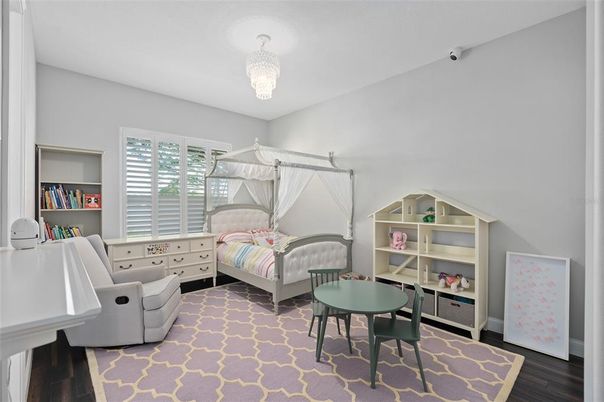 Bedroom, Chandelier, Interior, Wood Texture Flooring
