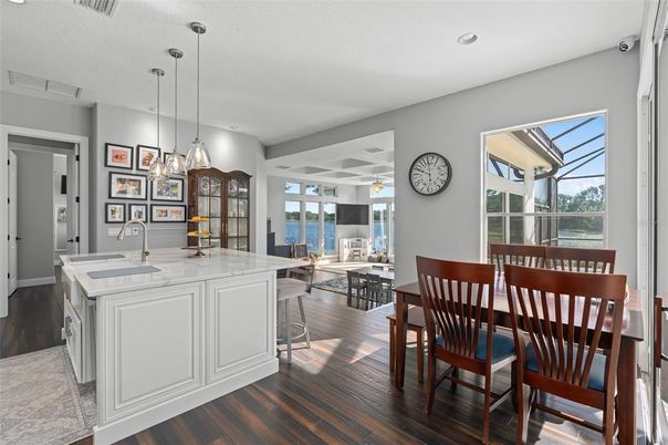 Dining room, Interior, Kitchen, Pendant Lights, Recessed Lighting, Wood Texture Flooring