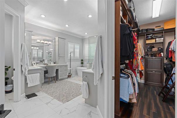 Bathroom, Interior, Marble, Recessed Lighting, Walk-in Closets, Wood Texture Flooring
