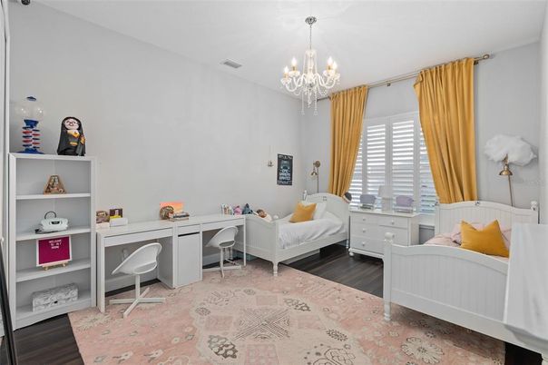 Bedroom, Chandelier, Home Office, Interior, Wood Texture Flooring