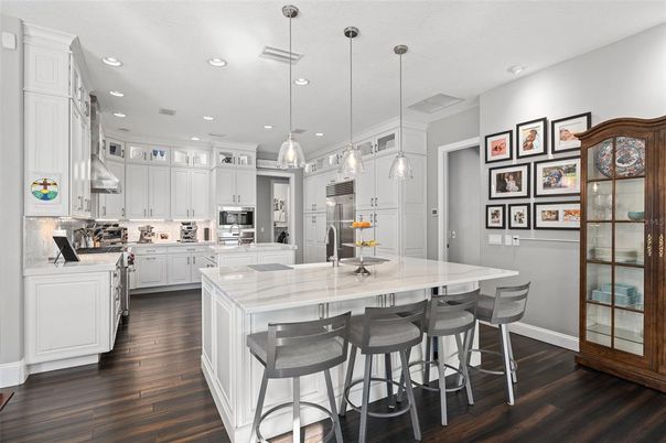 Interior, Kitchen, Pendant Lights, Recessed Lighting, Stainless Steel Appliances, Wood Texture Flooring