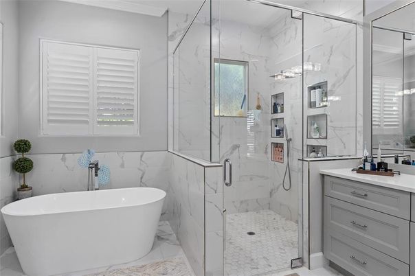 Bathroom, Free Standing Baths, Glass Shower, Interior, Marble, Marble Walls