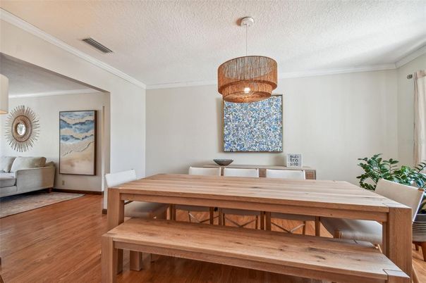 Dining room, Interior, Pendant Lights, Wood Texture Flooring