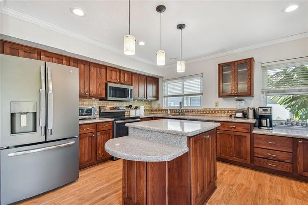 Interior, Kitchen, Pendant Lights, Recessed Lighting, Stainless Steel Appliances, Wood Texture Flooring