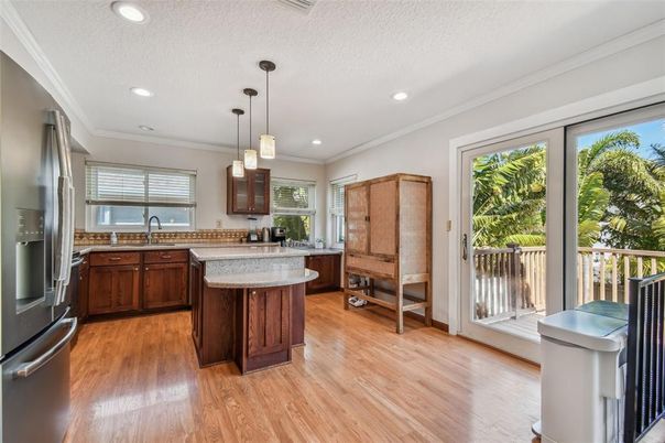 Interior, Kitchen, Pendant Lights, Recessed Lighting, Wood Texture Flooring