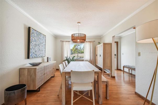 Dining room, Interior, Pendant Lights, Wood Texture Flooring