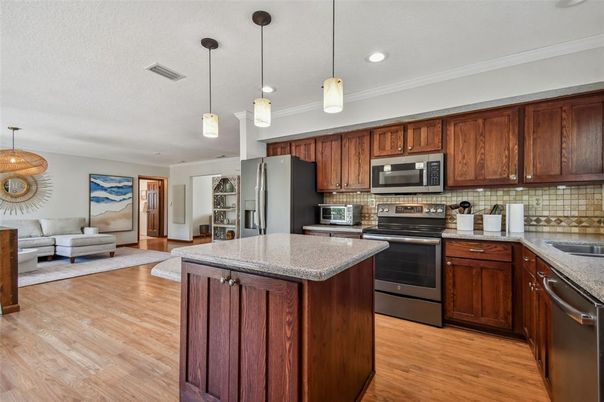 Interior, Kitchen, Living room, Pendant Lights, Recessed Lighting, Stainless Steel Appliances, Wood Texture Flooring