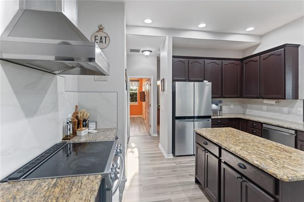 Interior, Kitchen, Recessed Lighting, Stainless Steel Appliances, Wood Texture Flooring
