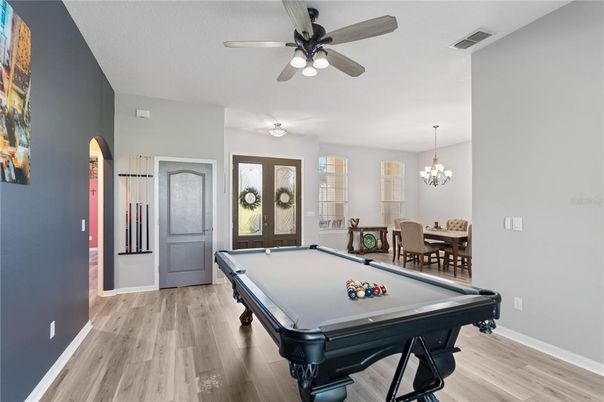 Billiard Table, Chandelier, Dining room, Game Room, Interior, Wood Texture Flooring