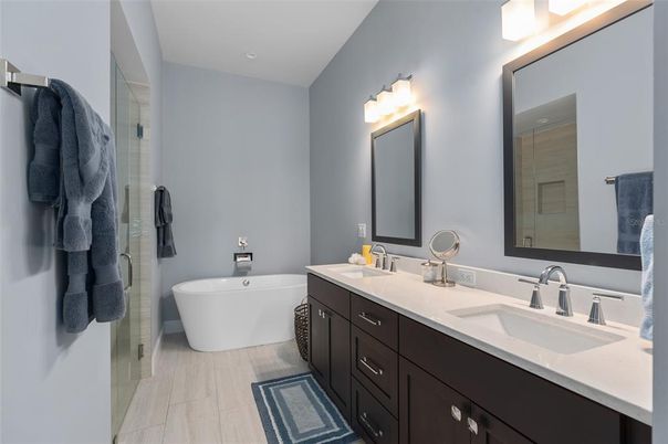 Bathroom, Dual Sink Vanities, Free Standing Baths, Glass Shower, Interior, Recessed Lighting