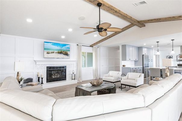 Fireplace, Interior, Kitchen, Living room, Pendant Lights, Recessed Lighting, Wooden Beams, Wood Texture Flooring
