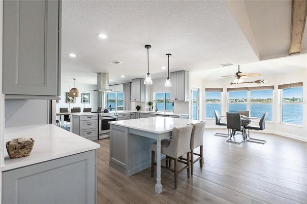 Dining room, Interior, Kitchen, Pendant Lights, Recessed Lighting, Water, Wood Texture Flooring