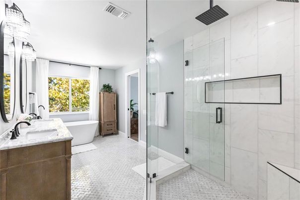 Bathroom, Dual Sink Vanities, Free Standing Baths, Glass Shower, Interior, Marble Walls