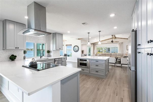 Interior, Kitchen, Living room, Pendant Lights, Recessed Lighting, Stainless Steel Appliances, Wood Texture Flooring