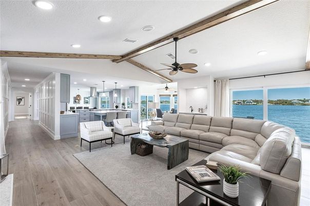 Interior, Kitchen, Living room, Pendant Lights, Recessed Lighting, Water, Wooden Beams, Wood Texture Flooring
