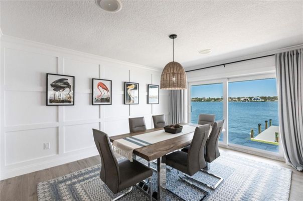Dining room, Interior, Pendant Lights, Water, Wood Texture Flooring