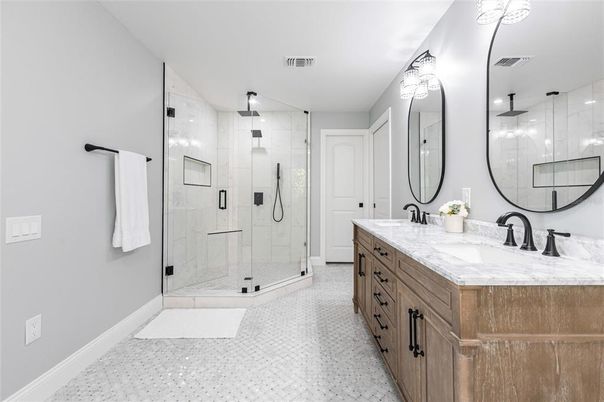Bathroom, Dual Sink Vanities, Glass Shower, Interior
