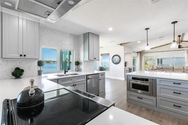 Interior, Kitchen, Pendant Lights, Recessed Lighting, Water, Wood Texture Flooring