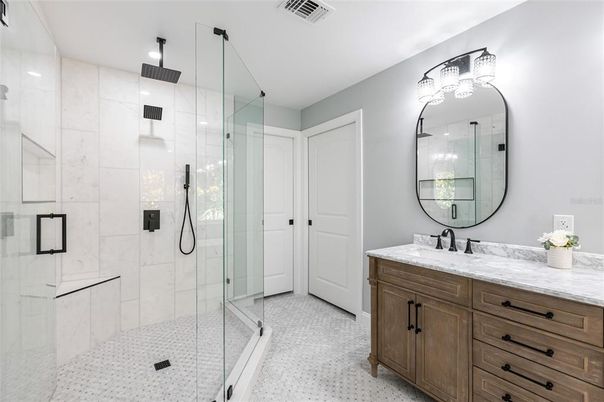 Bathroom, Dual Sink Vanities, Glass Shower, Interior, Marble Walls