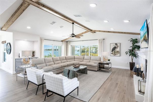 Fireplace, Interior, Living room, Recessed Lighting, Wooden Beams, Wood Texture Flooring