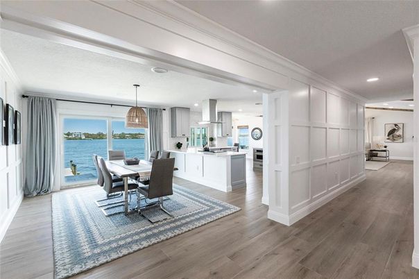 Dining room, Interior, Kitchen, Pendant Lights, Recessed Lighting, Water, Wood Texture Flooring