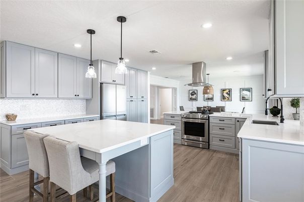 Interior, Kitchen, Pendant Lights, Recessed Lighting, Stainless Steel Appliances, Wood Texture Flooring
