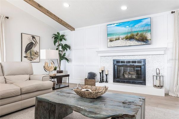 Fireplace, Interior, Living room, Recessed Lighting, Wooden Beams, Wood Texture Flooring