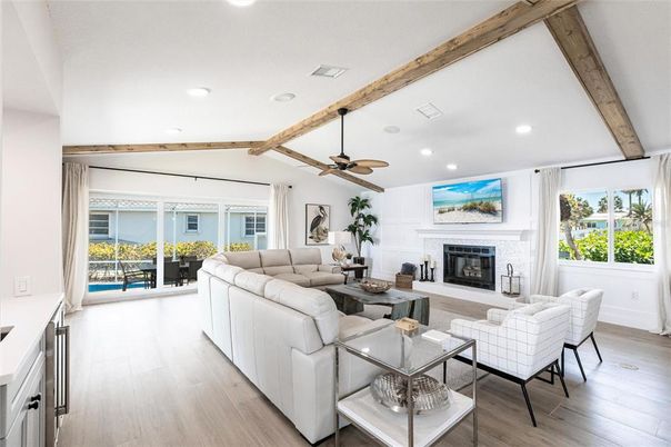 Fireplace, Interior, Living room, Recessed Lighting, Wooden Beams, Wood Texture Flooring