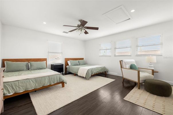 Bedroom, Interior, Recessed Lighting, Wood Texture Flooring