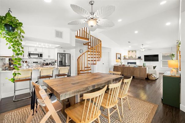 Dining room, Interior, Kitchen, Living room, Recessed Lighting, Stainless Steel Appliances, Wood Texture Flooring