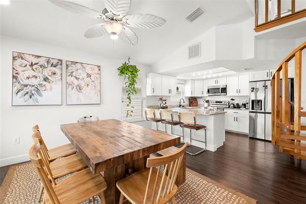 Dining room, Interior, Kitchen, Stainless Steel Appliances, Wood Texture Flooring