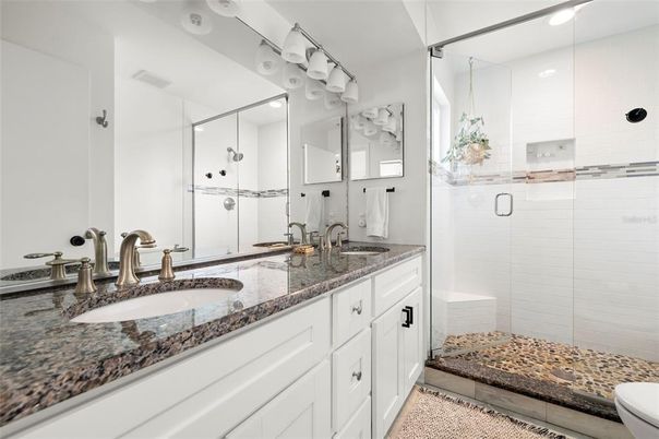 Bathroom, Dual Sink Vanities, Glass Shower, Interior, Recessed Lighting