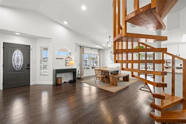 Dining room, Interior, Pendant Lights, Recessed Lighting, Wood Texture Flooring