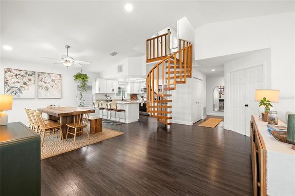 Dining room, Interior, Kitchen, Recessed Lighting, Wood Texture Flooring