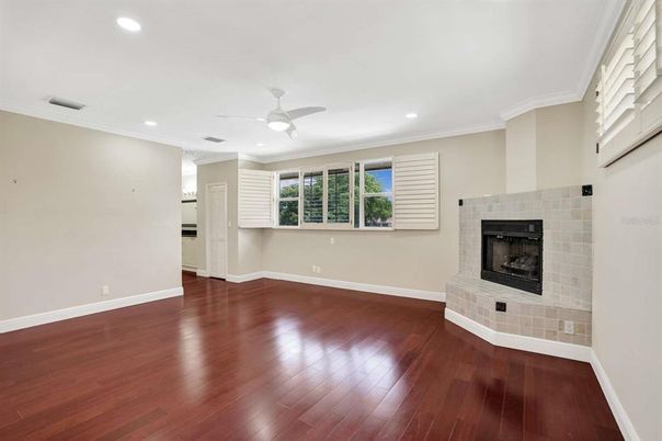 Empty room, Fireplace, Interior, Recessed Lighting, Wood Texture Flooring