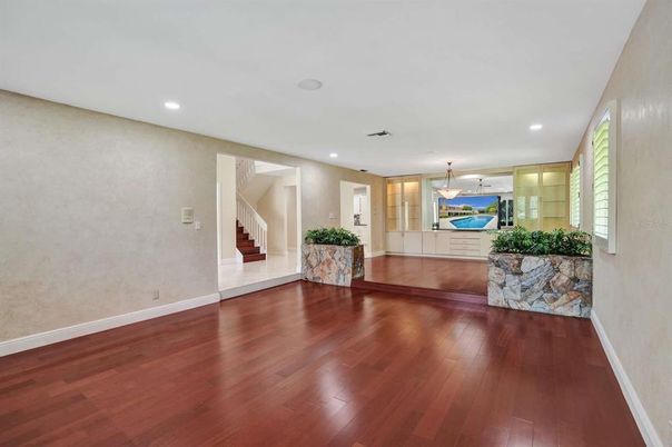 Bedroom, Fireplace, Interior, Recessed Lighting, Wood Texture Flooring