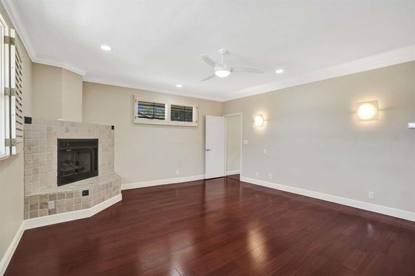 Empty room, Fireplace, Interior, Recessed Lighting, Wood Texture Flooring