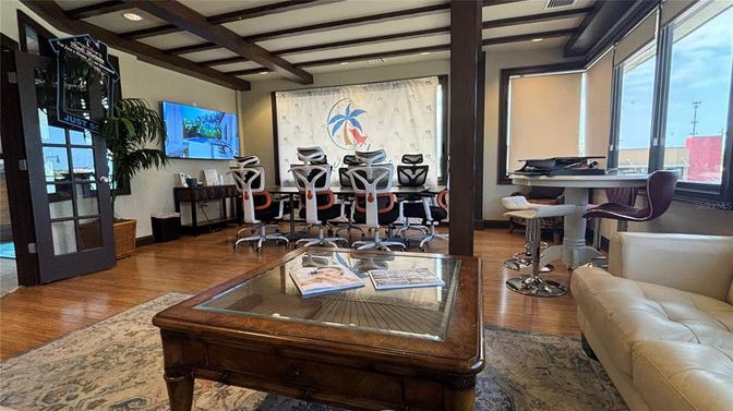 Home Office, Interior, Living room, Recessed Lighting, Wooden Beams, Wood Texture Flooring
