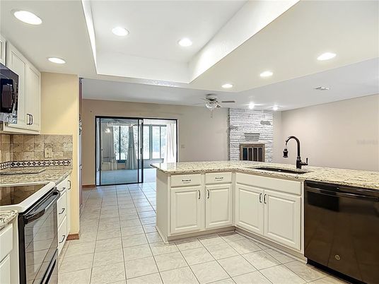 Fireplace, Interior, Kitchen, Recessed Lighting, Stone Walls