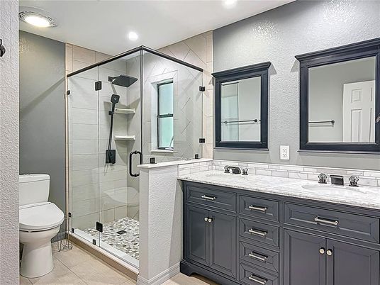 Bathroom, Dual Sink Vanities, Glass Shower, Interior, Recessed Lighting