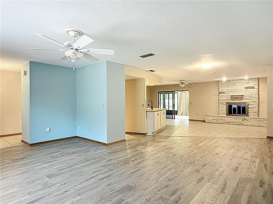Empty room, Fireplace, Interior, Stone Walls, Wood Texture Flooring