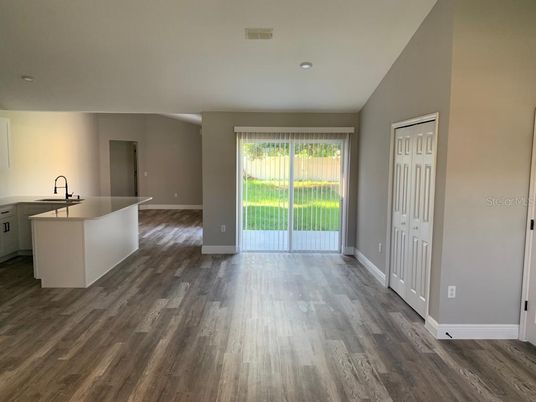 Empty room, Interior, Kitchen, Recessed Lighting, Wood Texture Flooring