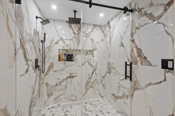 Bathroom, Glass Shower, Interior, Marble Walls, Recessed Lighting