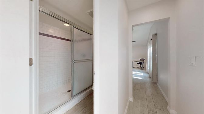 Bathroom, Glass Shower, Interior, Wood Texture Flooring